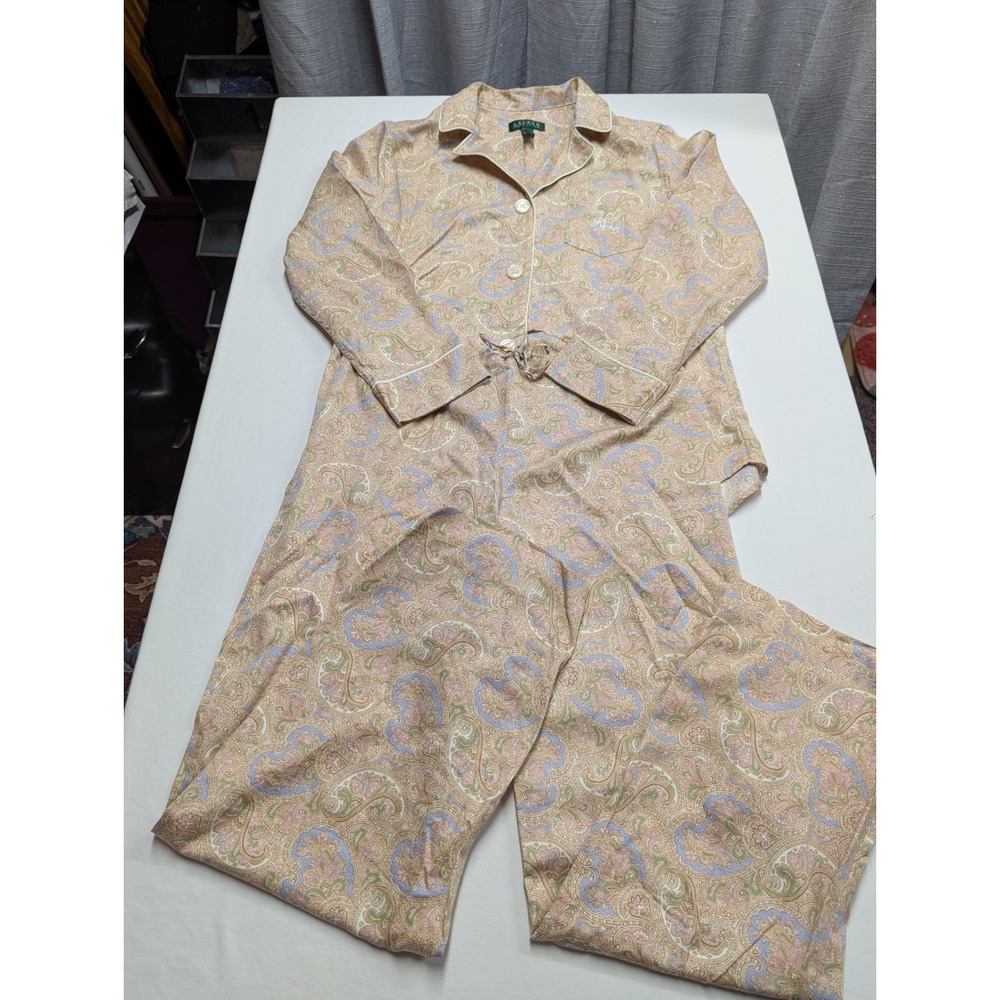 Lauren Ralph Lauren Womens Paisley Cotton Pajama Set Tan Pink Blue Size M